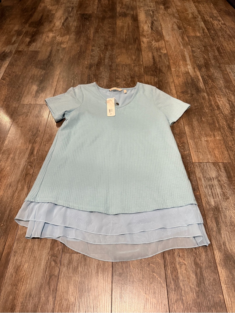 Soft Surroundings Light Blue Short-Sleeve Tunic with Chiffon Layered Hem